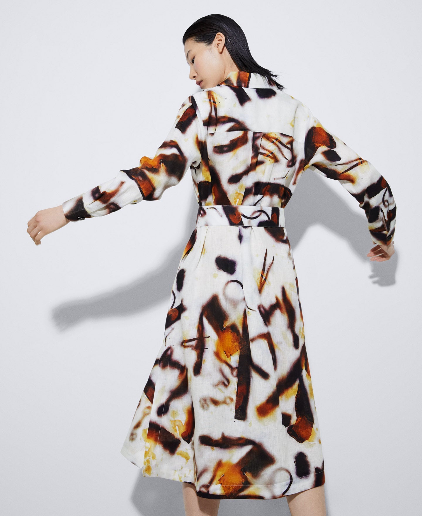 Yellow Print European Linen Shirt Dress