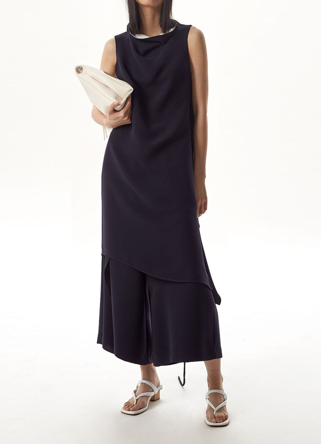 Blue Asymmetric Dress With Chimney Collar