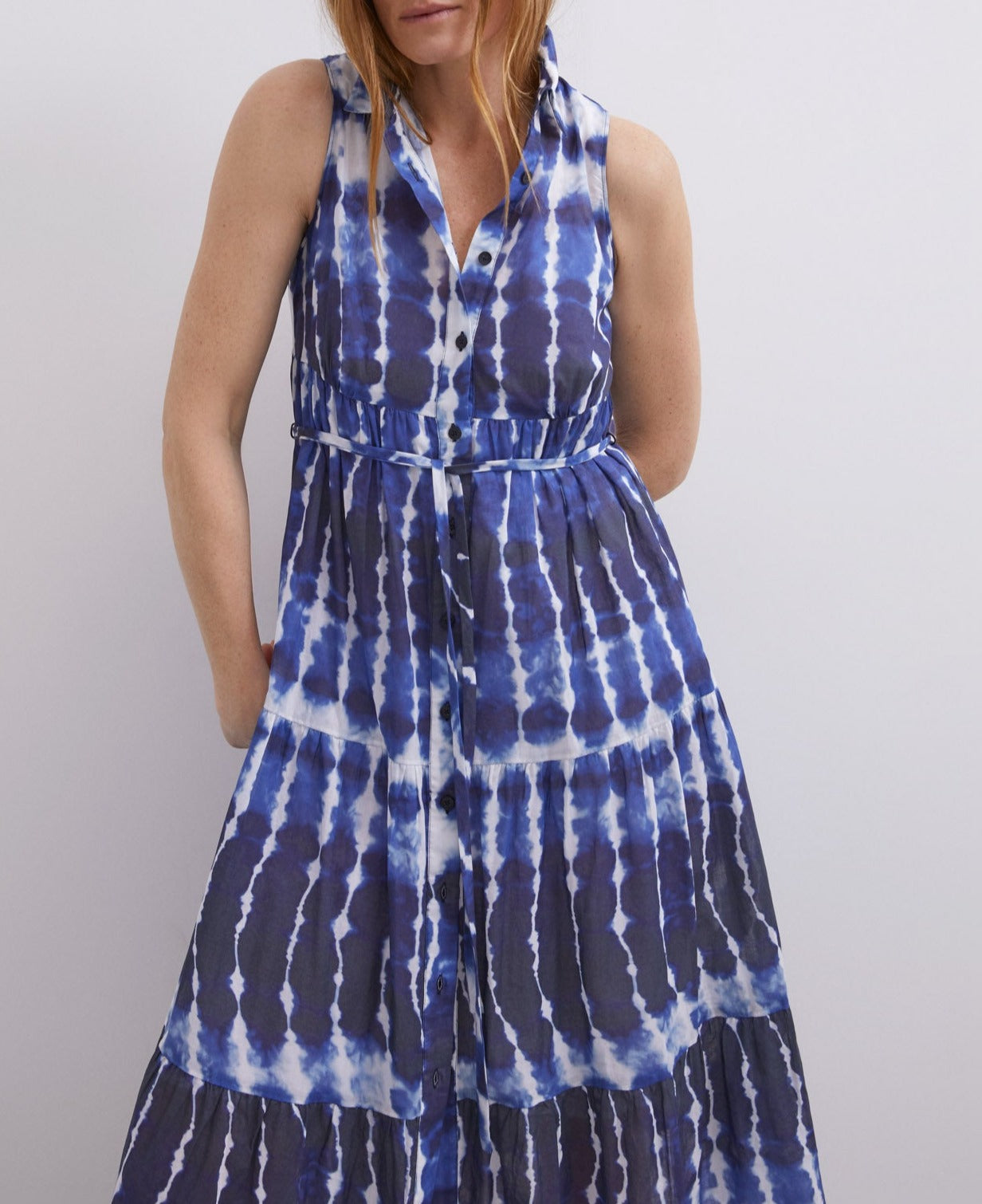 Blue Print Shibori Shirt Collar Dress
