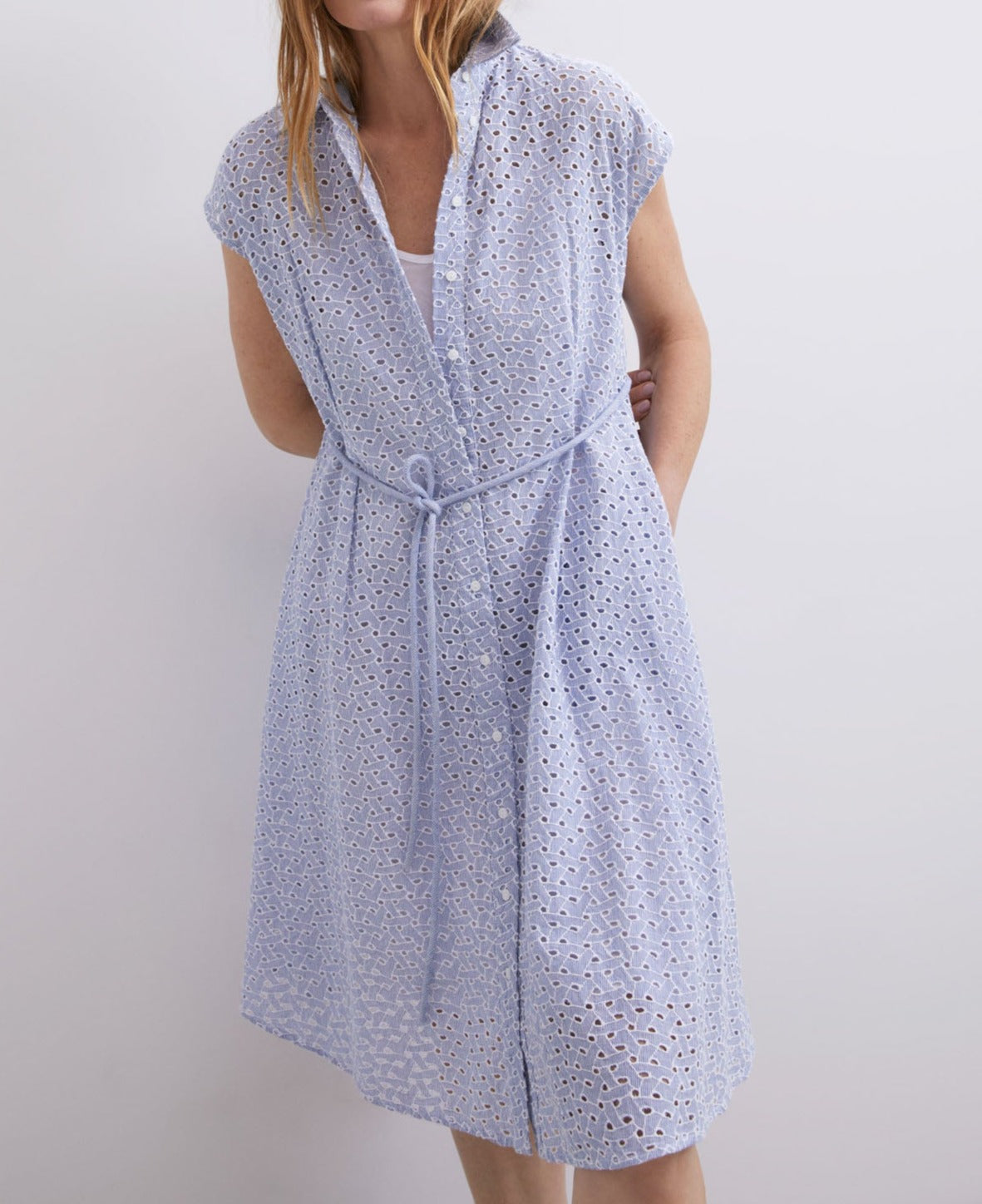 Blue Shirt Dress In Die-Cut Cotton