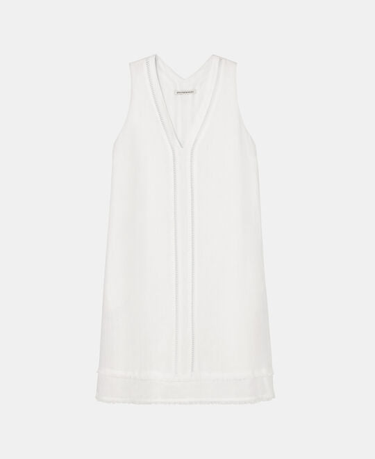 White Neckline Dress In Linen