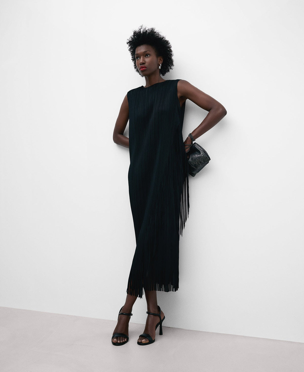 Black Recycled Polyester Fringed Dress