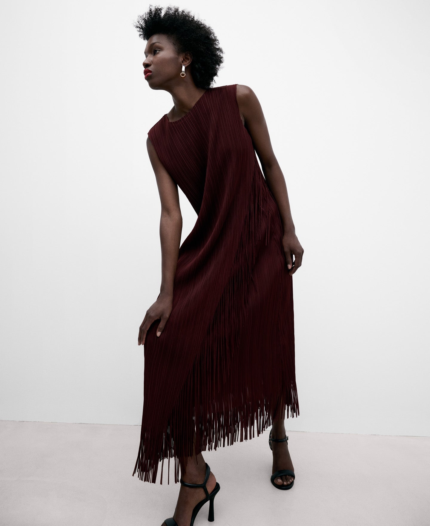 Burgundy Recycled Polyester Fringed Dress