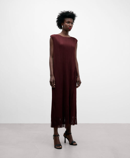 Burgundy Recycled Polyester Fringed Dress