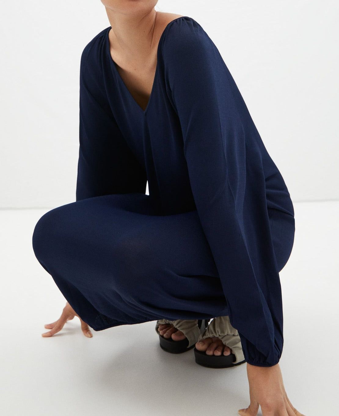 Navy Blue Balloon Silhouette Long Dress