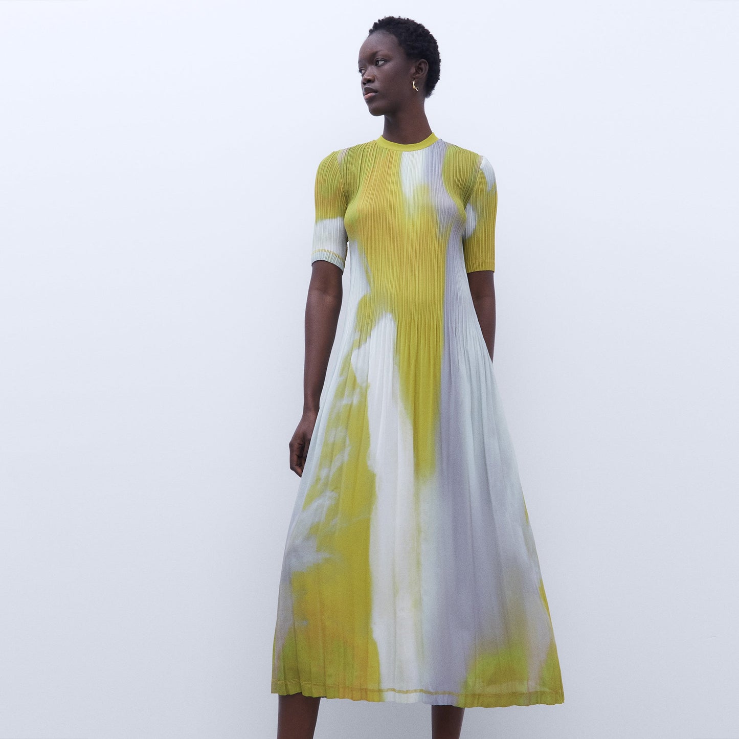 Crinkle Print Yellow Midi Dress