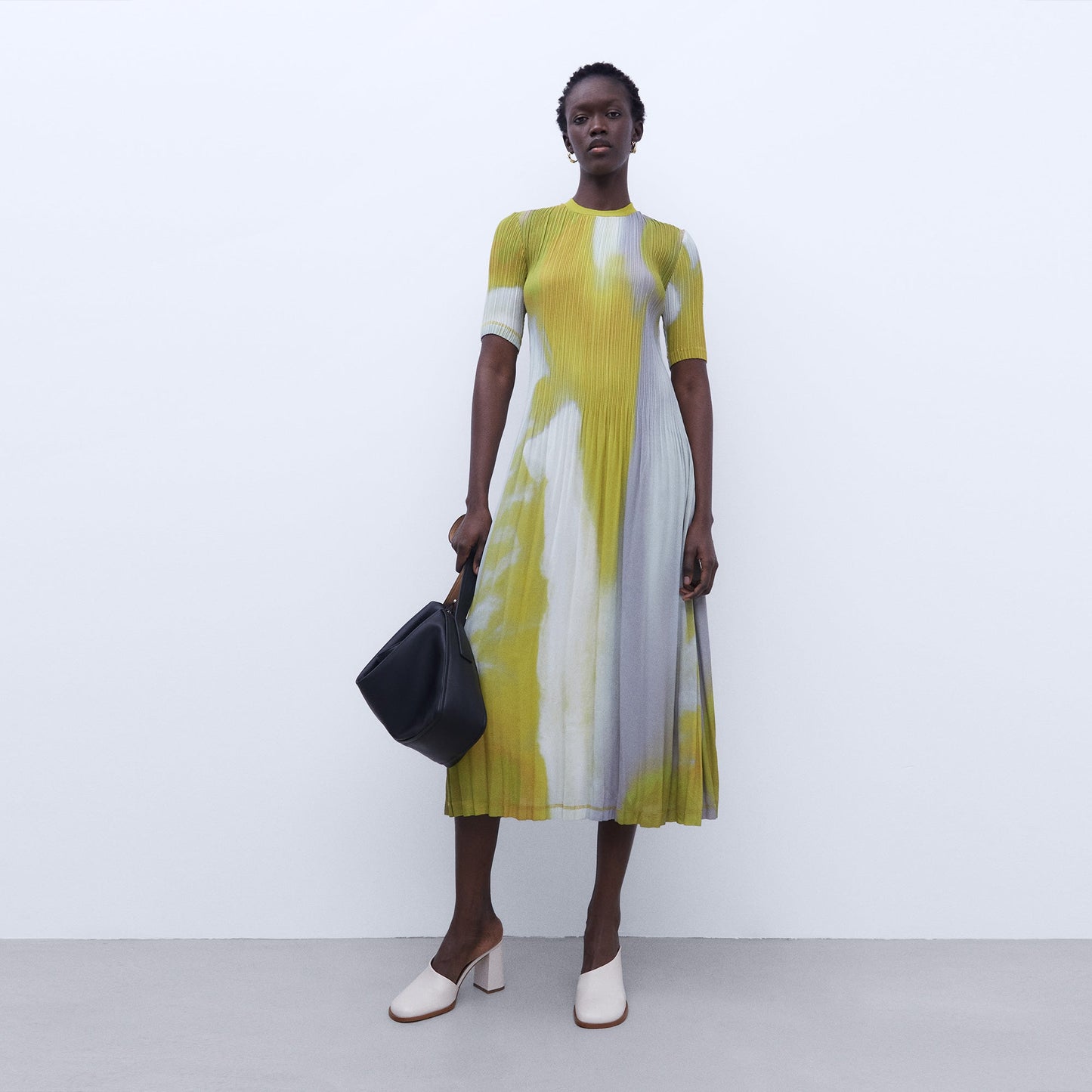 Crinkle Print Yellow Midi Dress