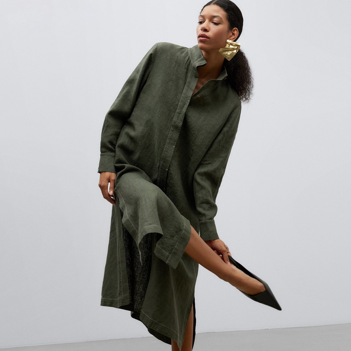 Green Shirt-Like European Linen Dress