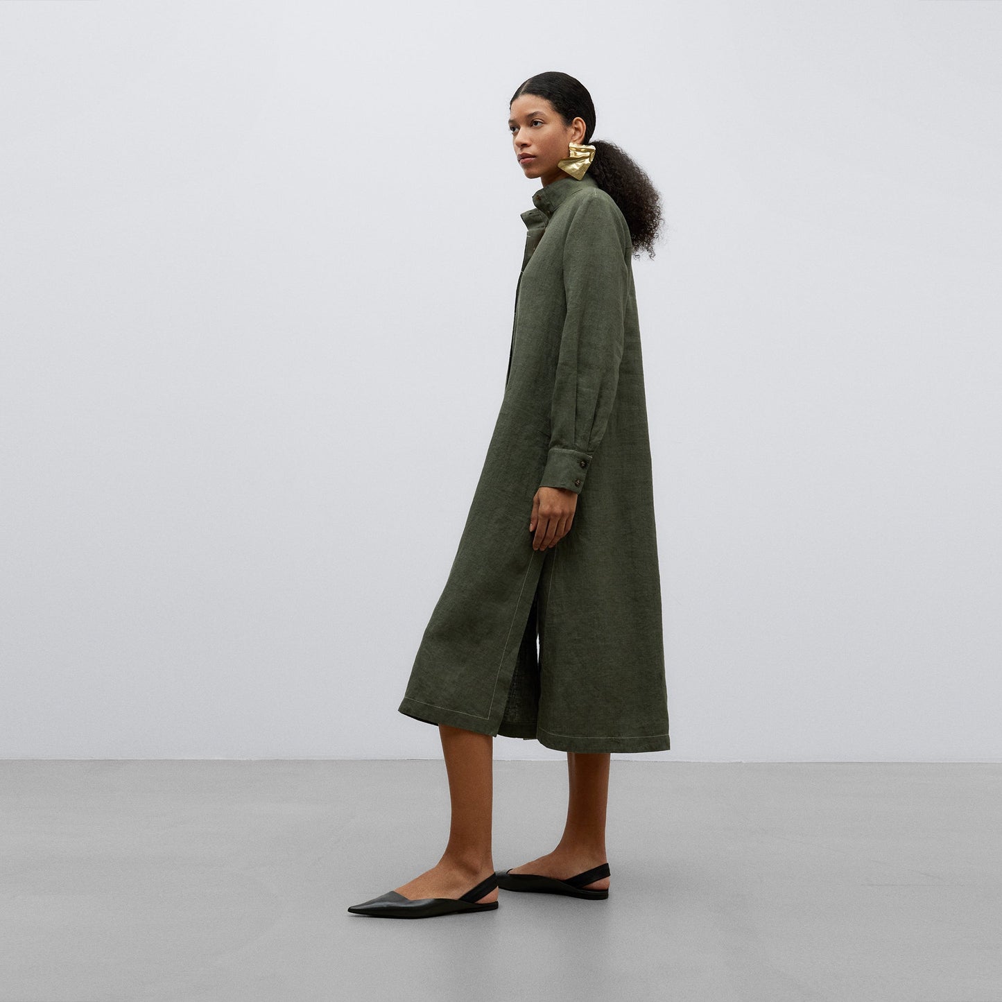 Green Shirt-Like European Linen Dress