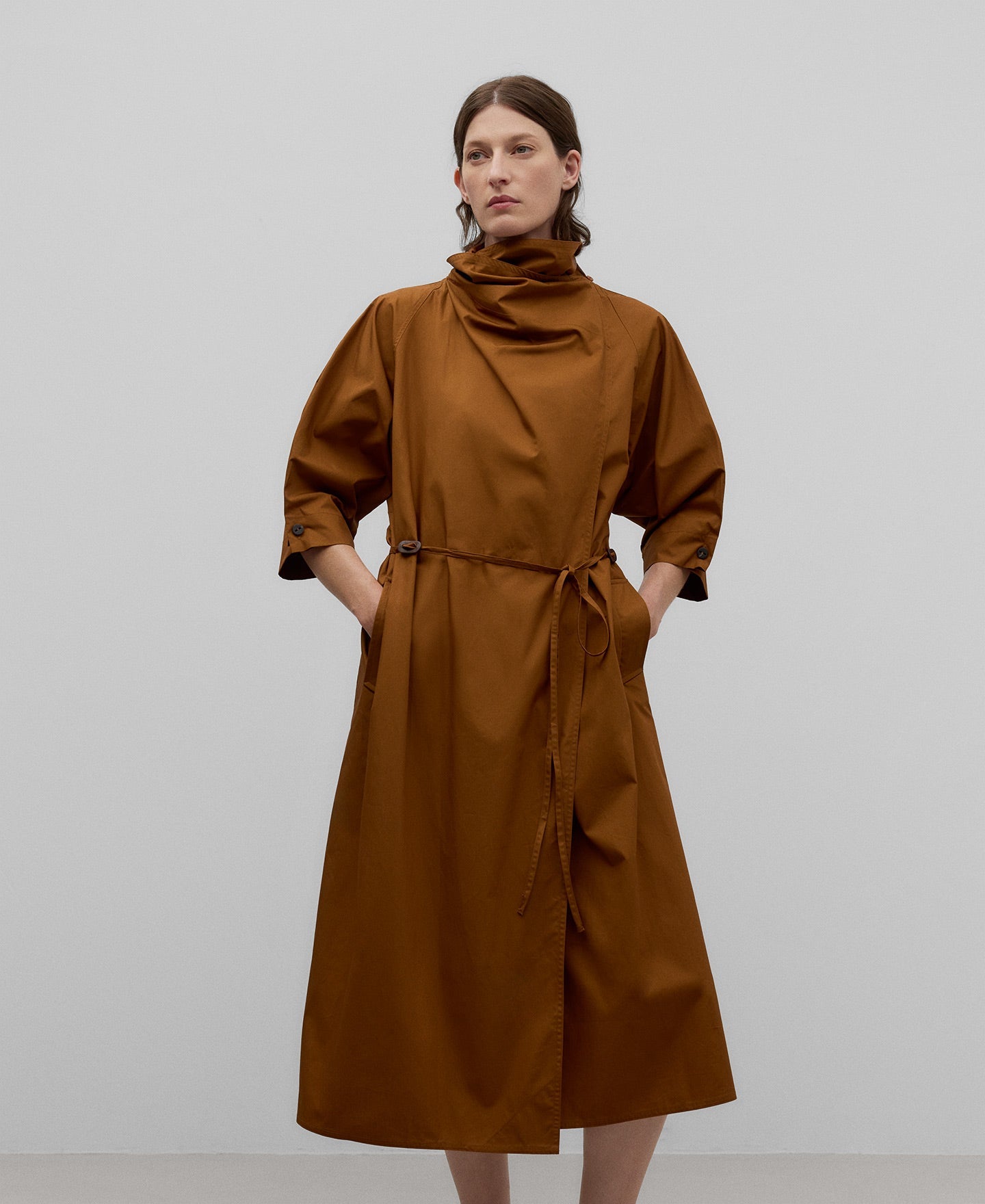 Cotton High Neck Dress In Burnt Orange
