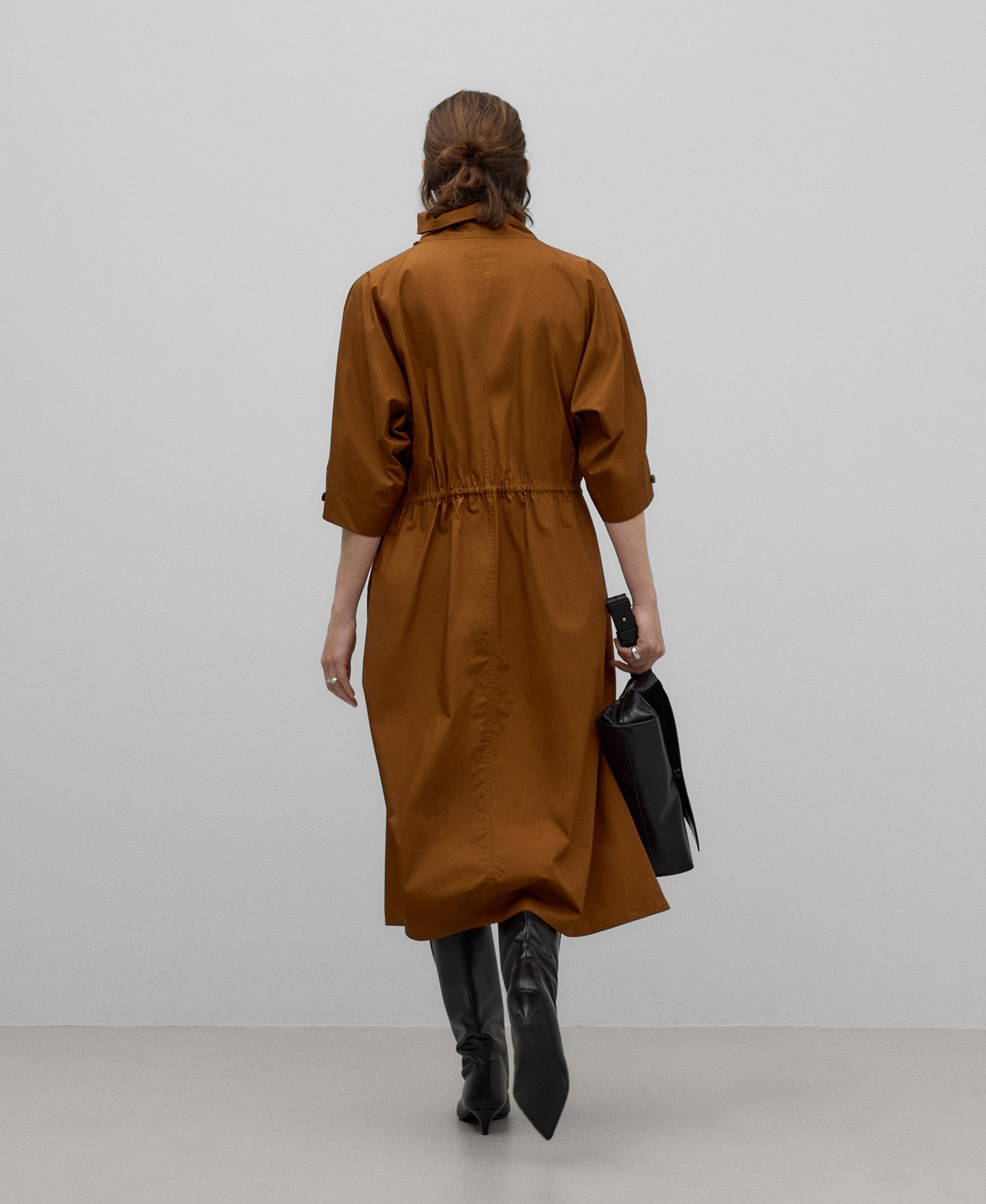 Cotton High Neck Dress In Burnt Orange