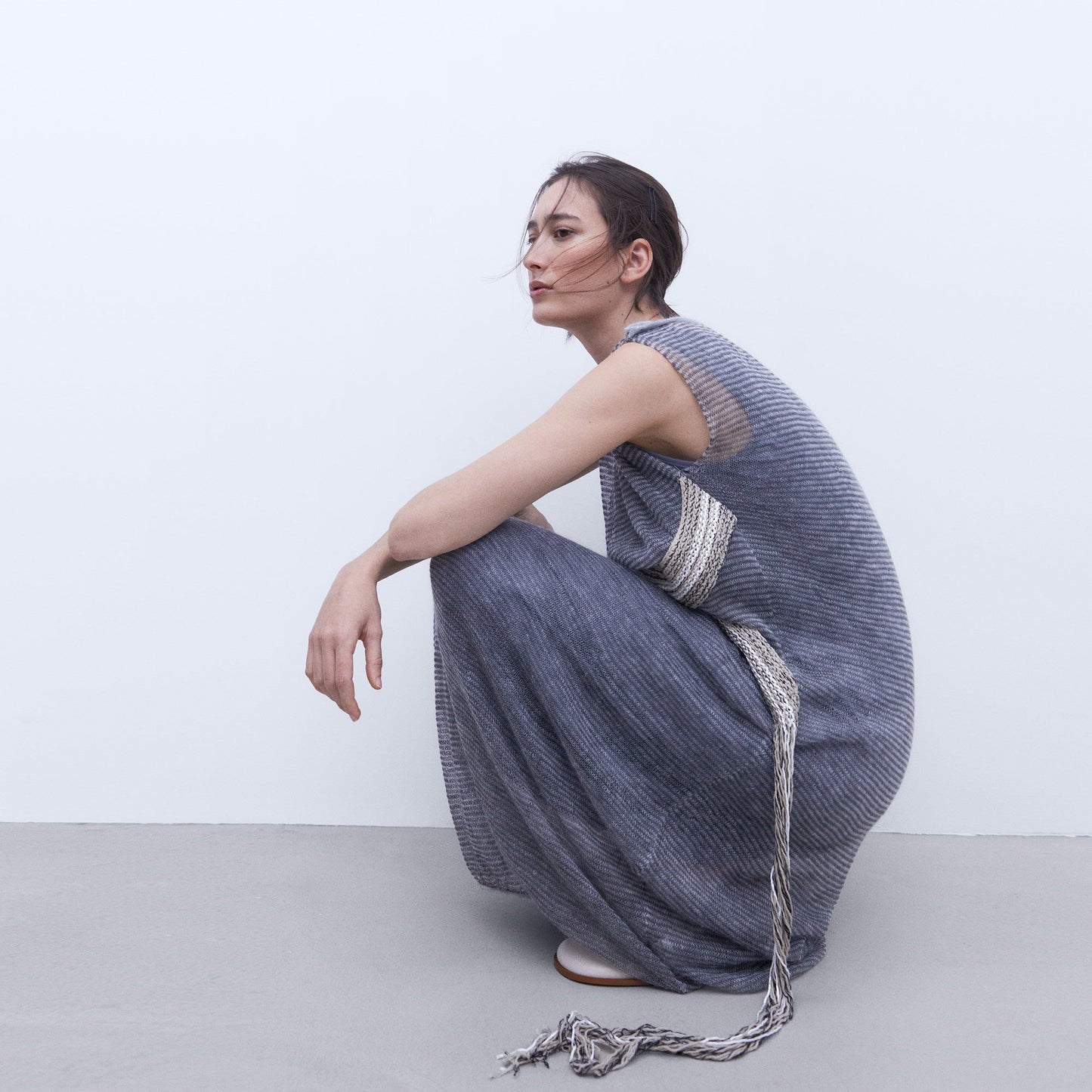 Grey Melange Jacquard Long Dress
