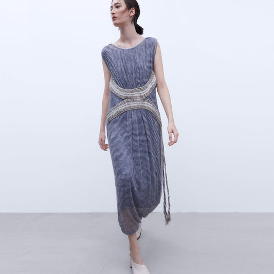 Grey Melange Jacquard Long Dress
