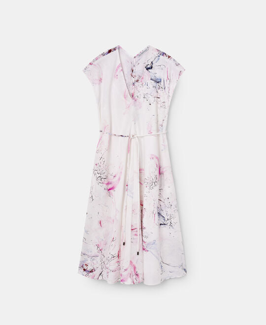White Print Drop Sleeves Printed Midi Dress