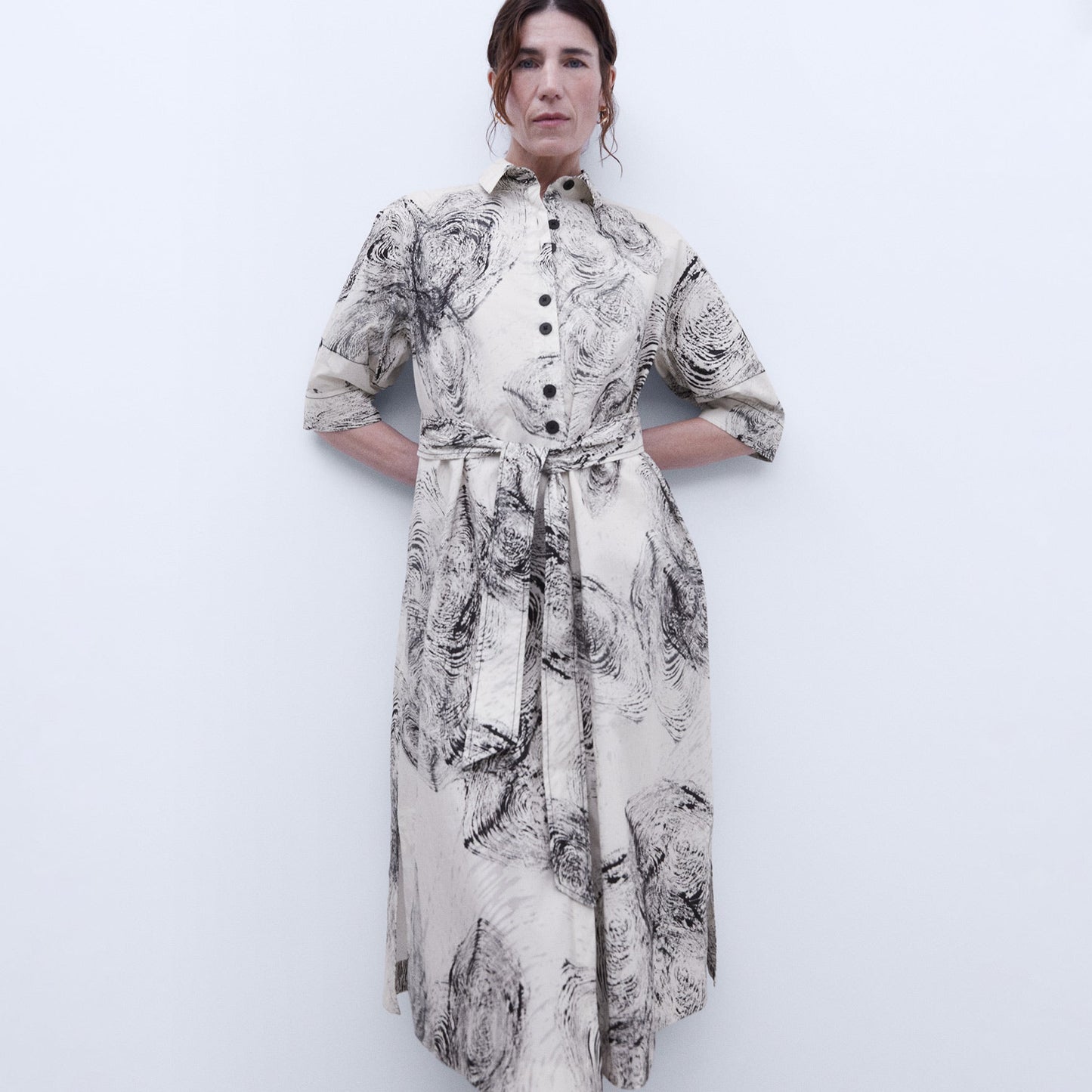 Ecru/Black Button-Down Shirt Dress