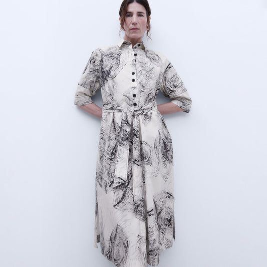 Ecru/Black Button-Down Shirt Dress