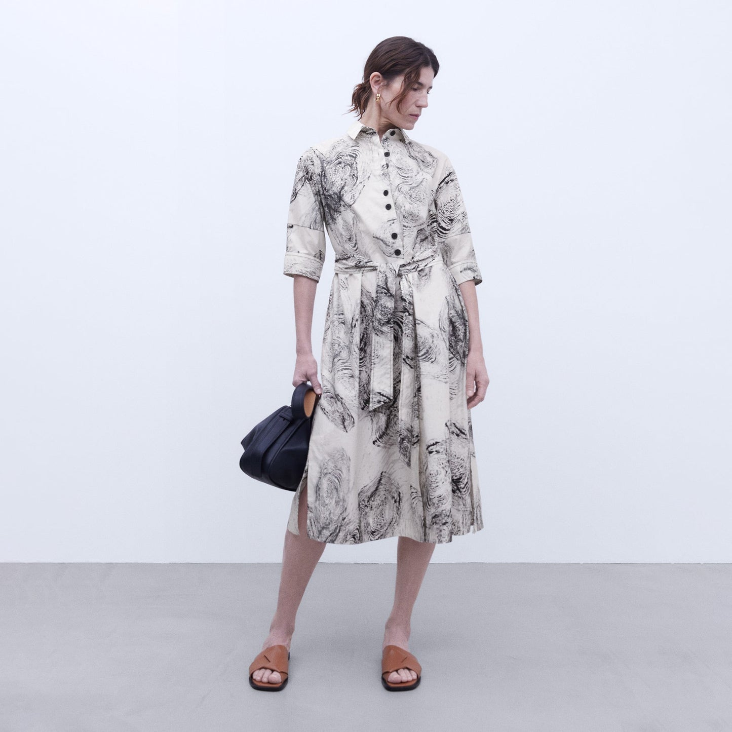 Ecru/Black Button-Down Shirt Dress