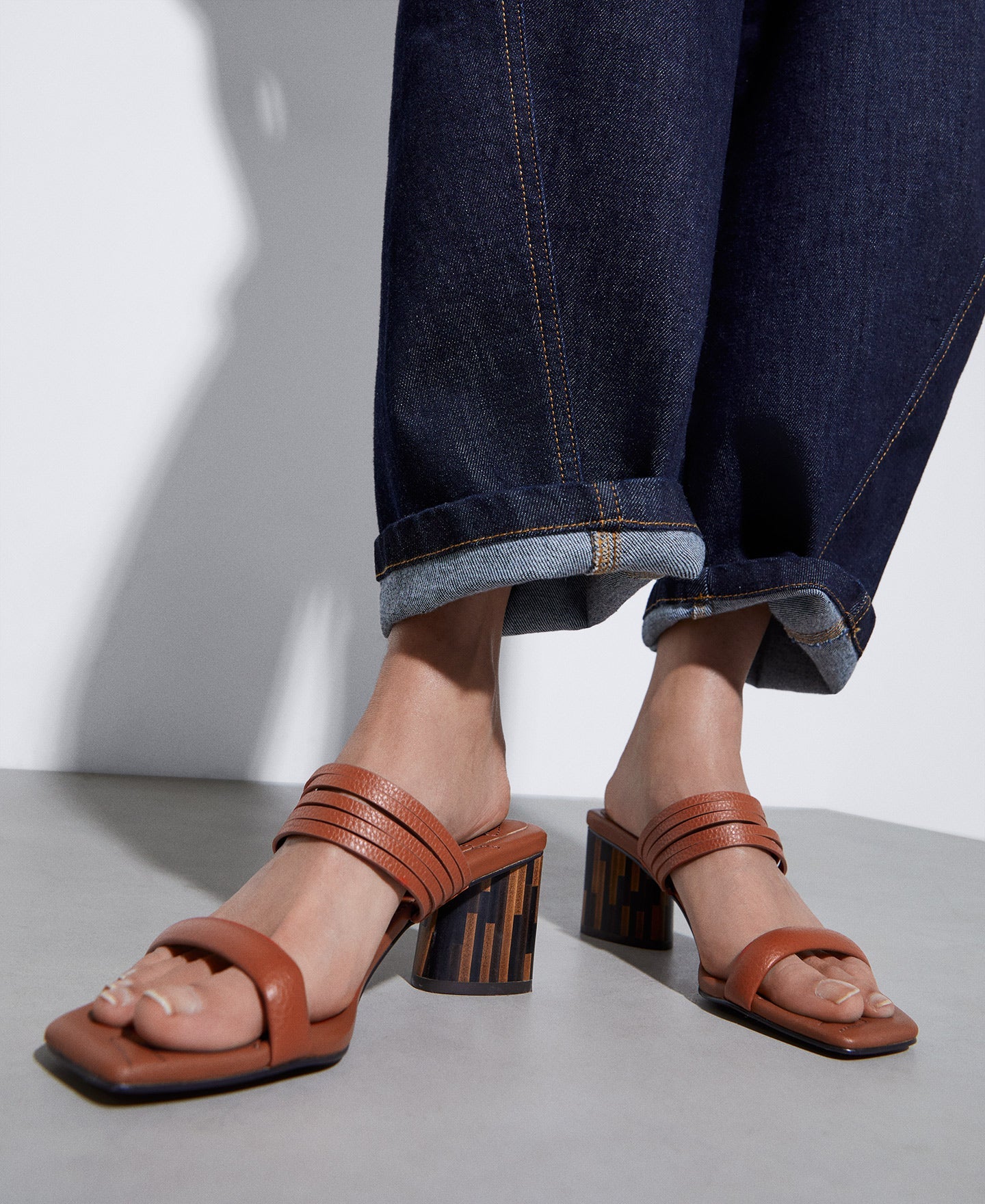 Orange Square Leather Sandal With Wooden Heel