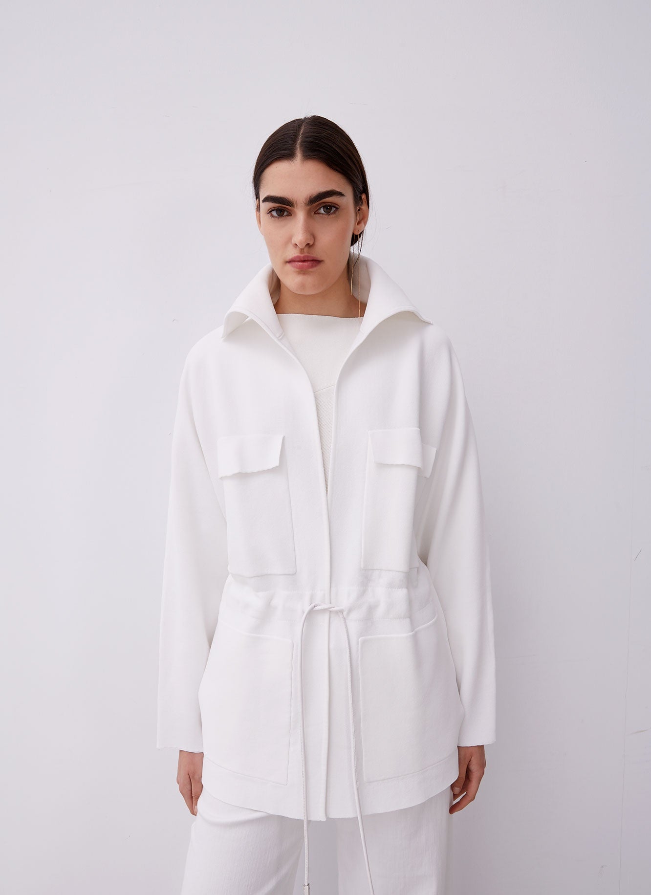 Ecru Stretch Knit Cardigan With Waist Tie