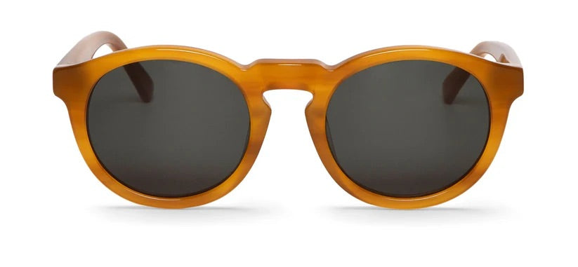 Rounded sunglasses with brown frame and dark lenses on a white background