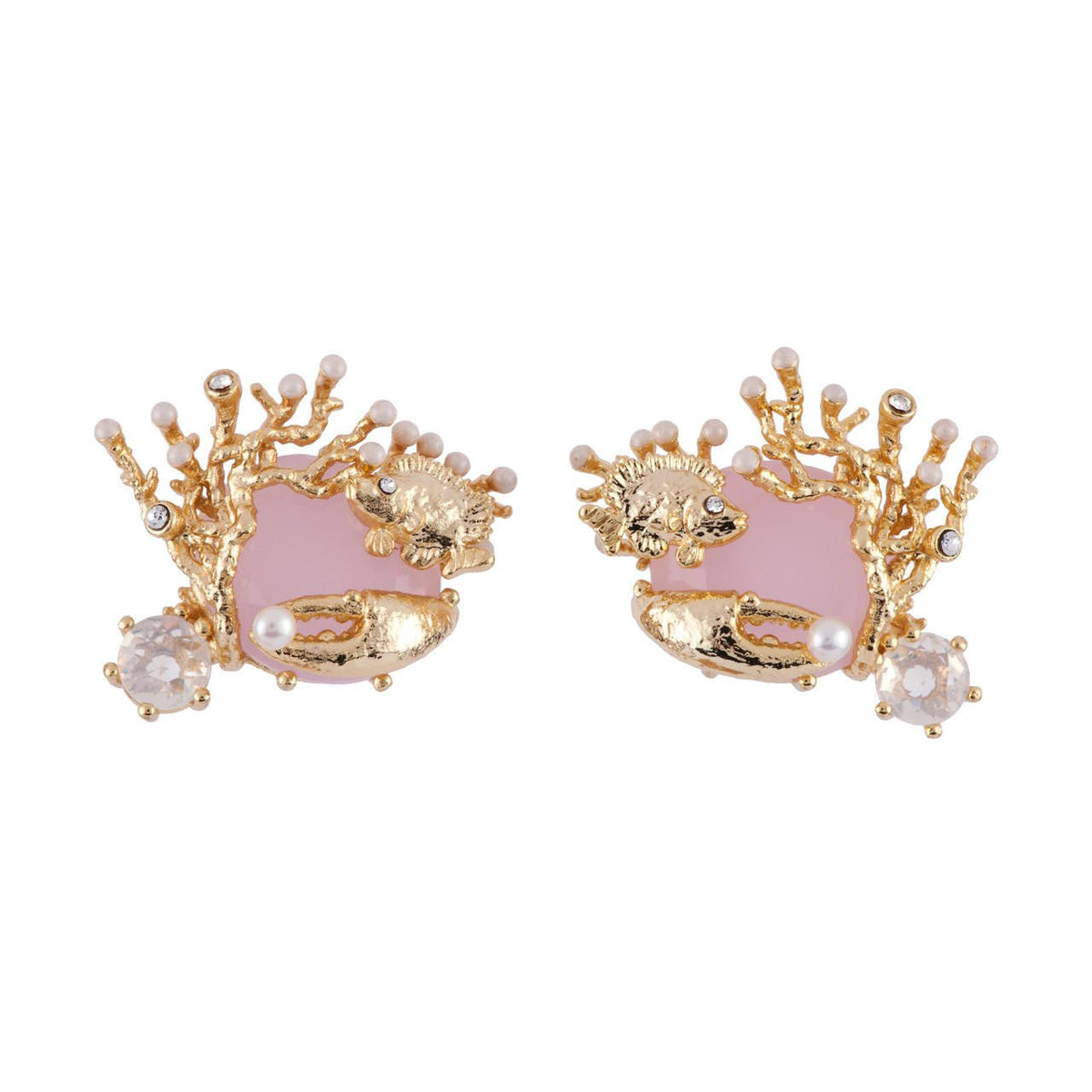 Atlantide Pink Crystal Stone With Corals, Fish & Crab'S Claw Earrings | AFAT1071