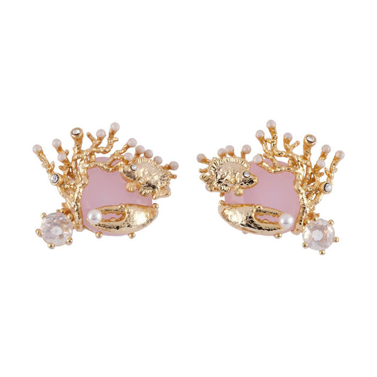 Atlantide Pink Crystal Stone With Corals, Fish & Crab'S Claw Earrings | AFAT1071