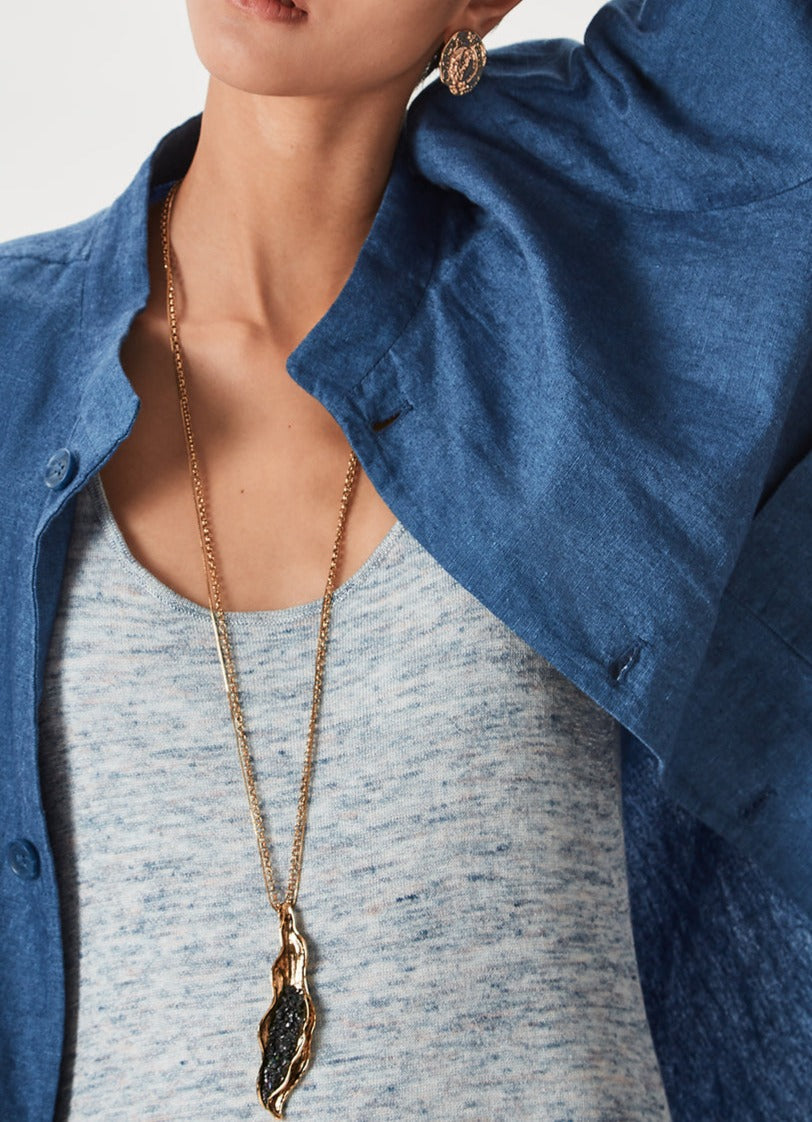 Gold Long Necklace With Organic Penda