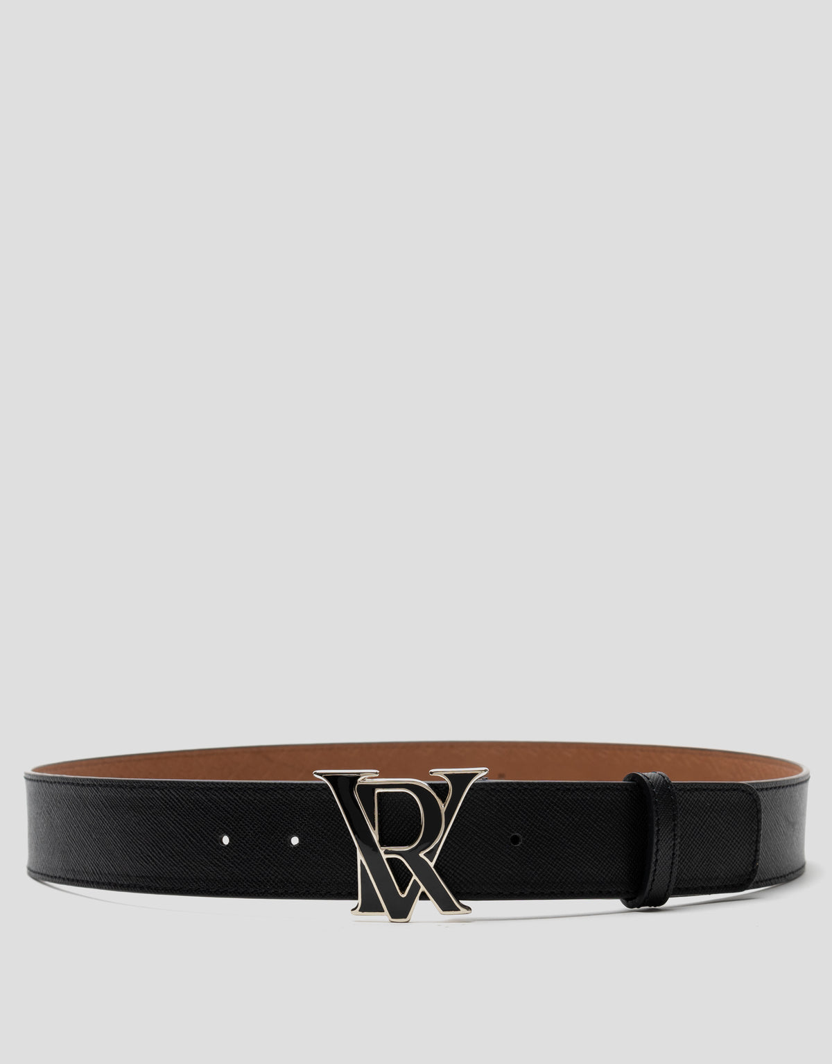 Black saffiano leather belt with RV enamel buckle
