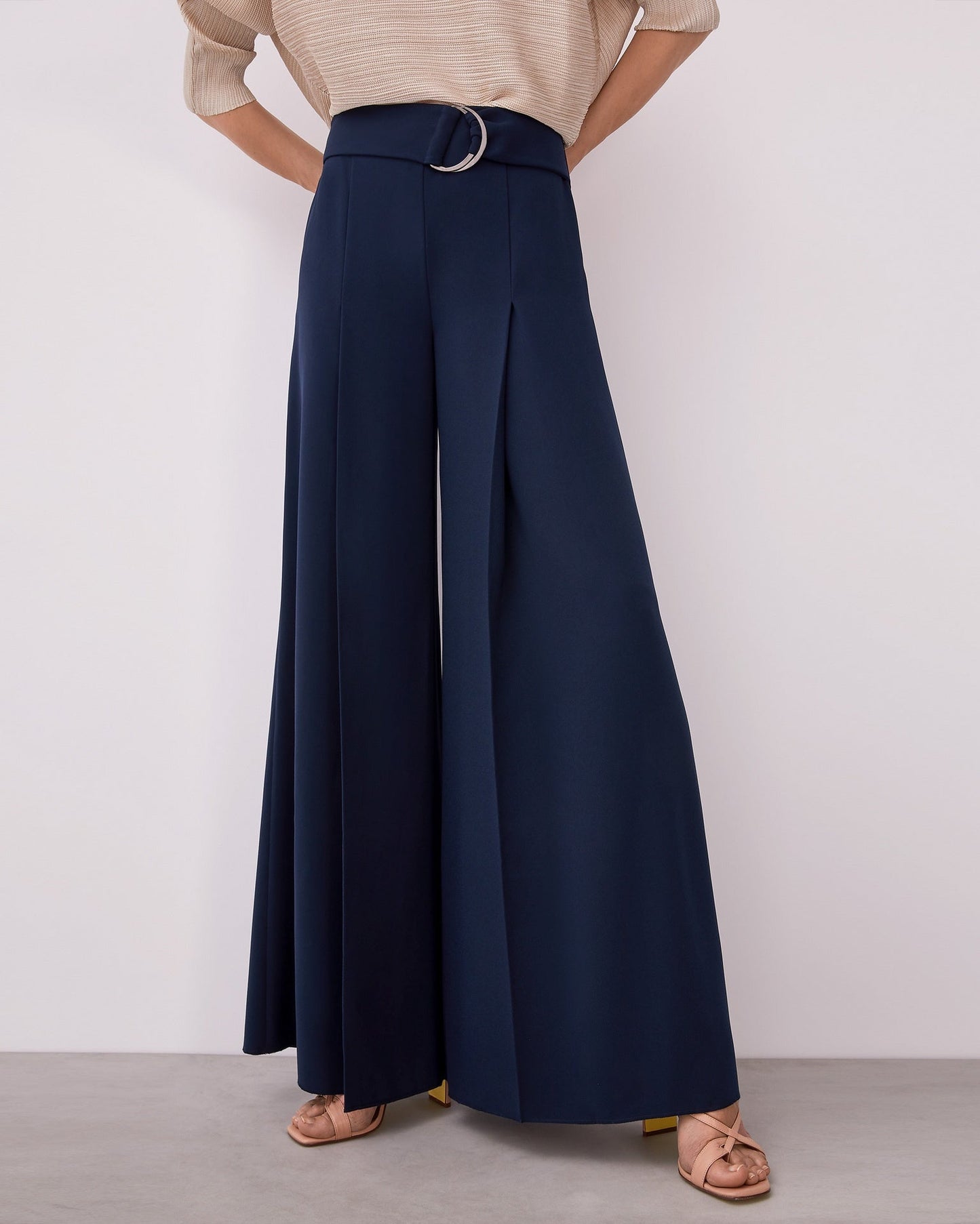 Blue Wide Trousers With Darts And Belt