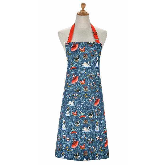Navy apron with Christmas print in berry red and golden yellow and red neck strap