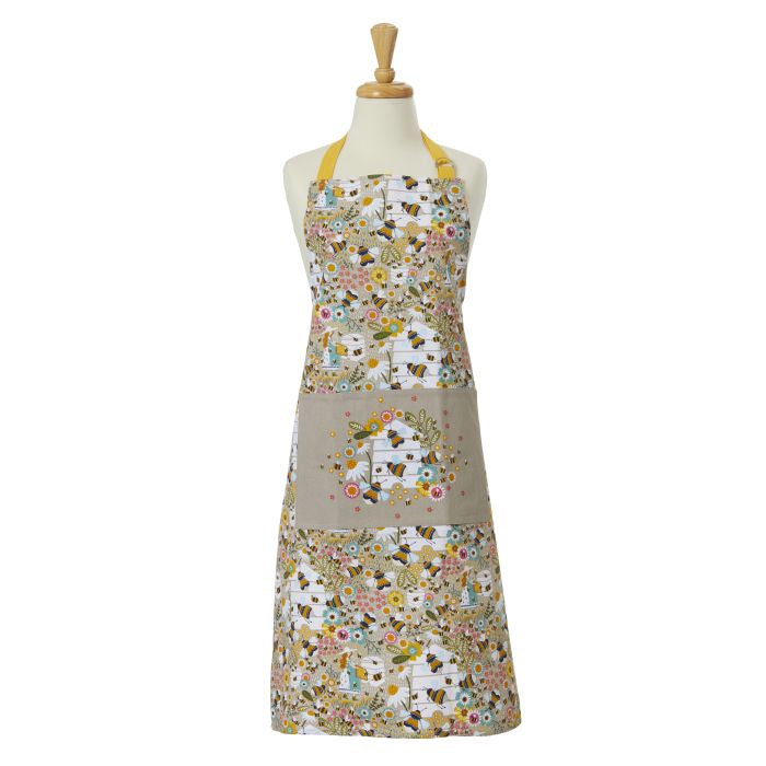 Natural coloured apron with yellow neck strap and bee/floral design