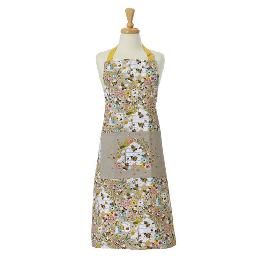 Natural coloured apron with yellow neck strap and bee/floral design