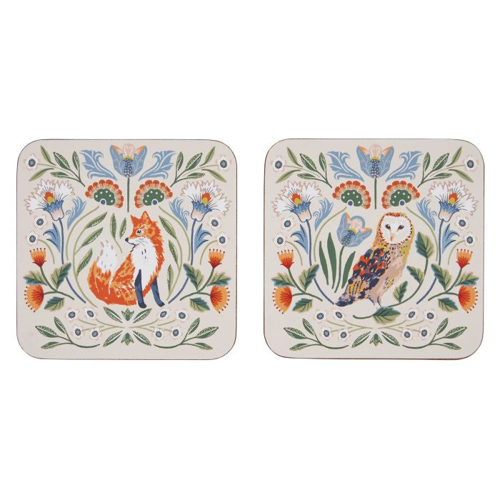 Beige coasters with woodland animals prints