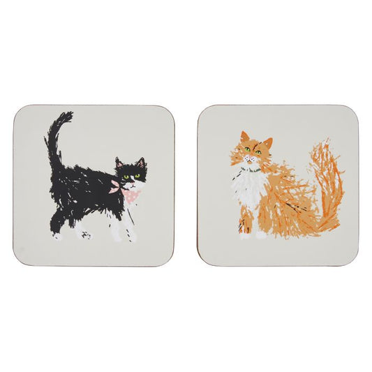 White square coasters with illustrations of a single cat on each