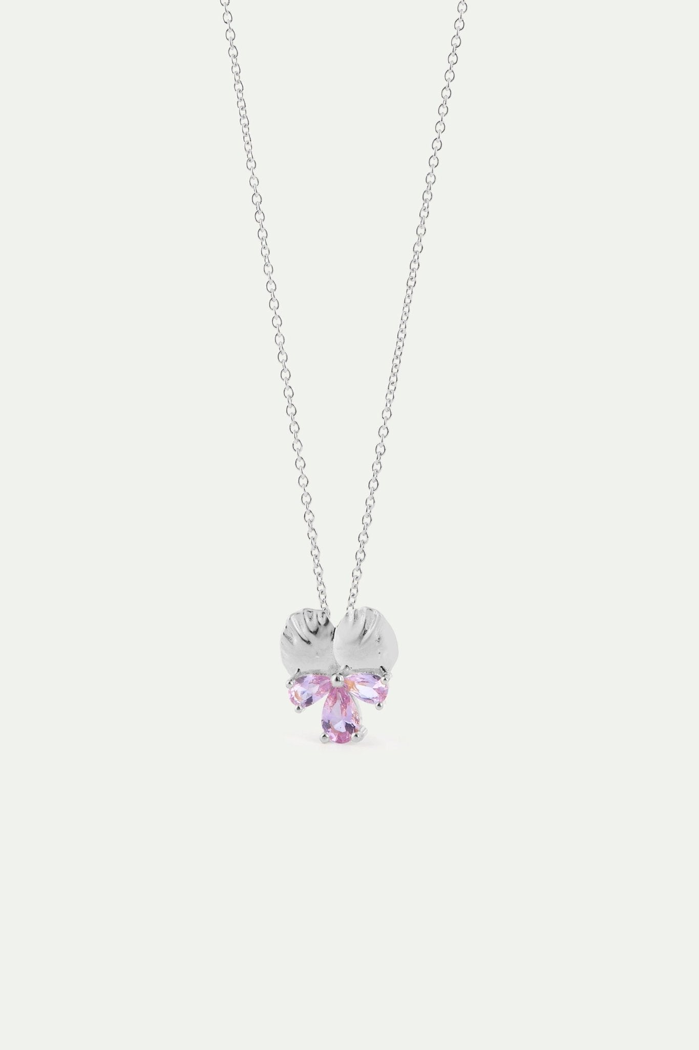 Silver Pendant Necklace With Pansy and Pink Stones | AYNF3021