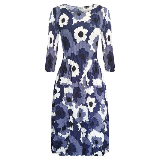 Alquema | 3/4 Sleeve Smash Pocket Dress / Indigo Flower Spot Check