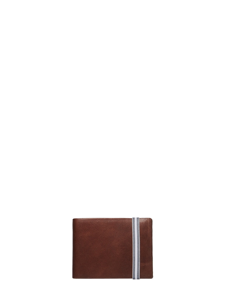 Brown wallet with elastic strap