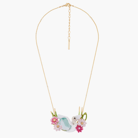 Flying Swan Among Water Lilies On A Blue Stone Collar Necklace | AKCY304
