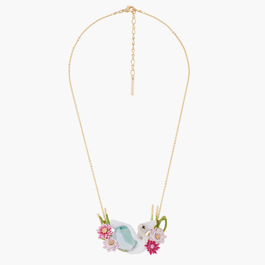 Flying Swan Among Water Lilies On A Blue Stone Collar Necklace