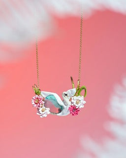 Flying Swan Among Water Lilies On A Blue Stone Collar Necklace | AKCY304