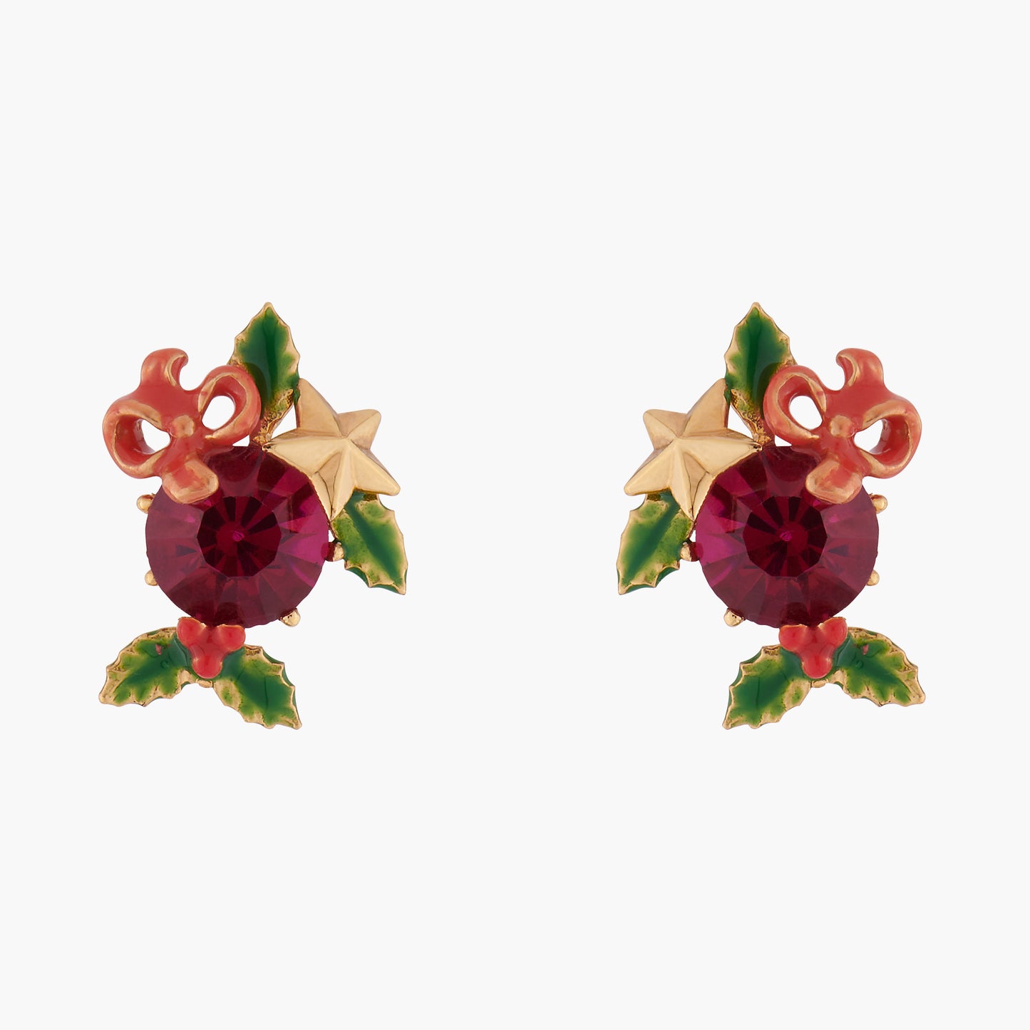 Red Stone And Christmas Holly Earrings | AKNO103
