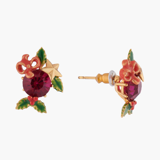 Red Stone And Christmas Holly Earrings | AKNO103