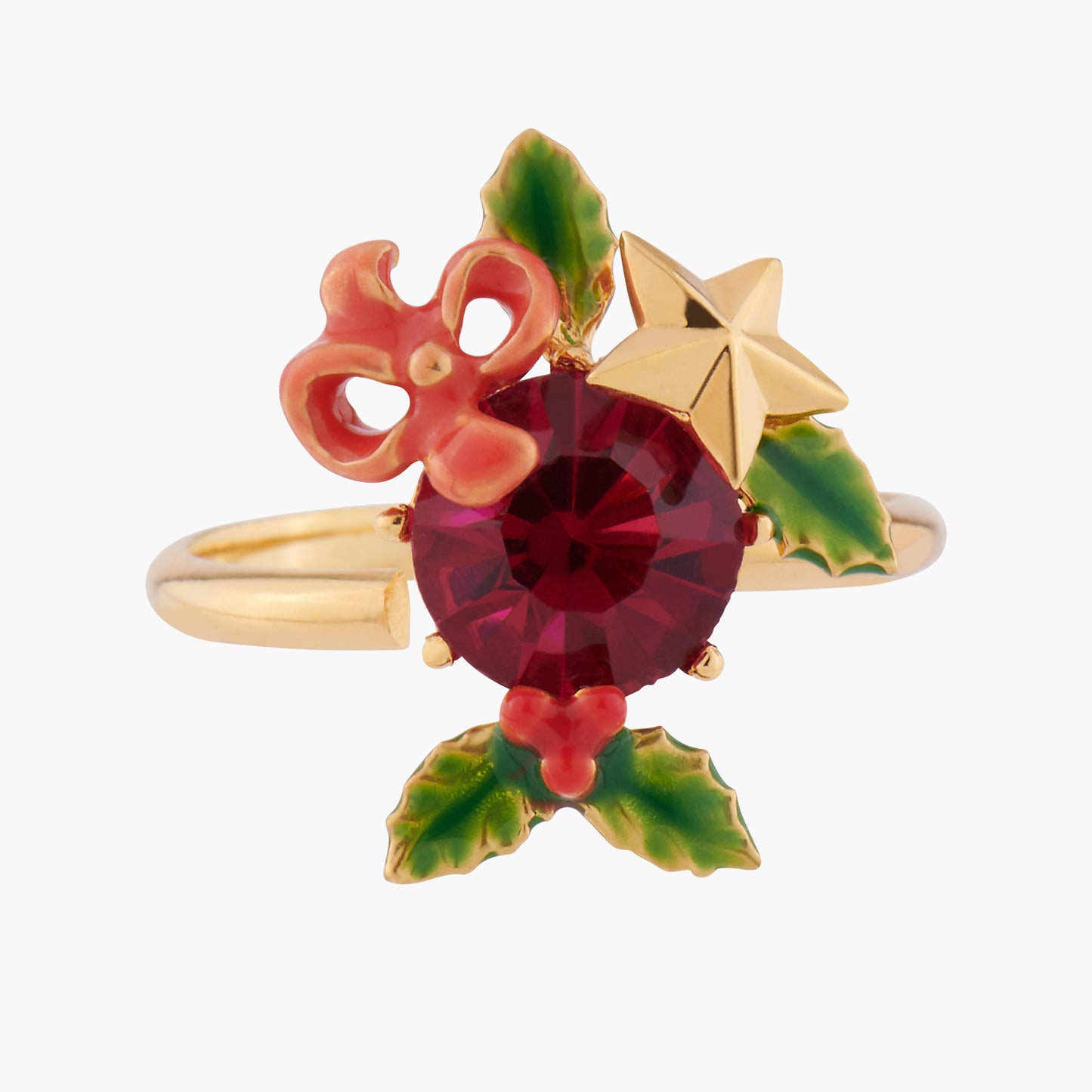 Red Stone And Christmas Holly Adjustable Rings | AKNO602