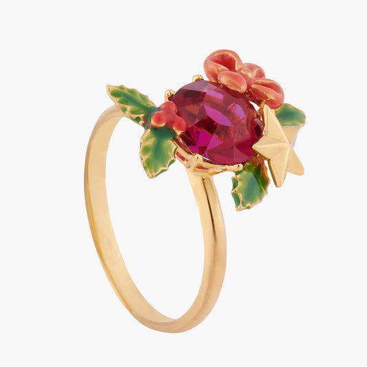 Red Stone And Christmas Holly Adjustable Rings | AKNO602