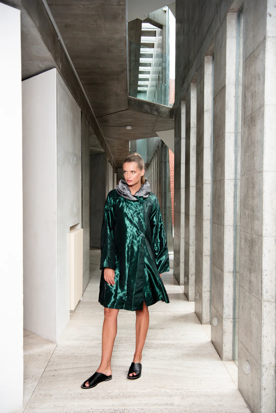 Alquema | Pleated Reversible Coat / Forest Green And Steel