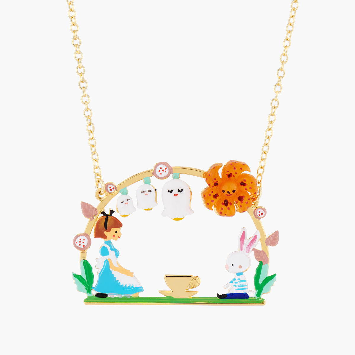 Alice And White Rabbit Tea Time Pendant Necklace | AMAL3031