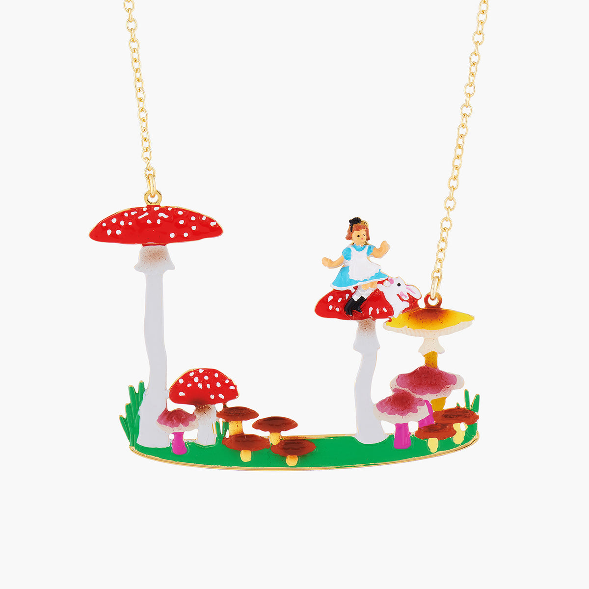 Alice, White Rabbit And Mushrooms Collar Necklace | AMAL3071