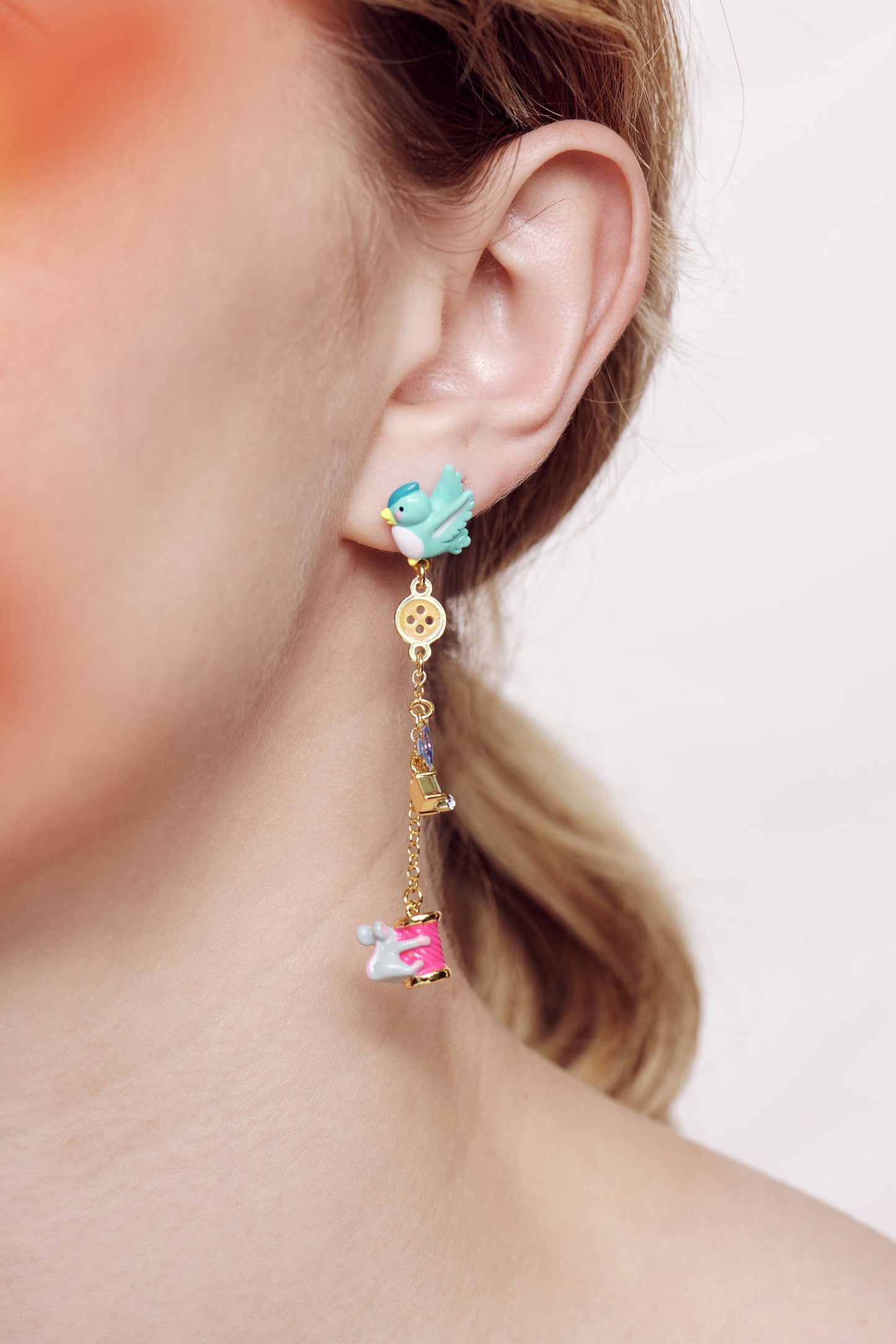 Bird, Mouse, Wool, Scissors, Button, Spool Of Thread And Faceted Crystal Earrings