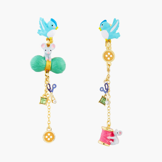 Bird, Mouse, Wool, Scissors, Button, Spool Of Thread And Faceted Crystal Earrings