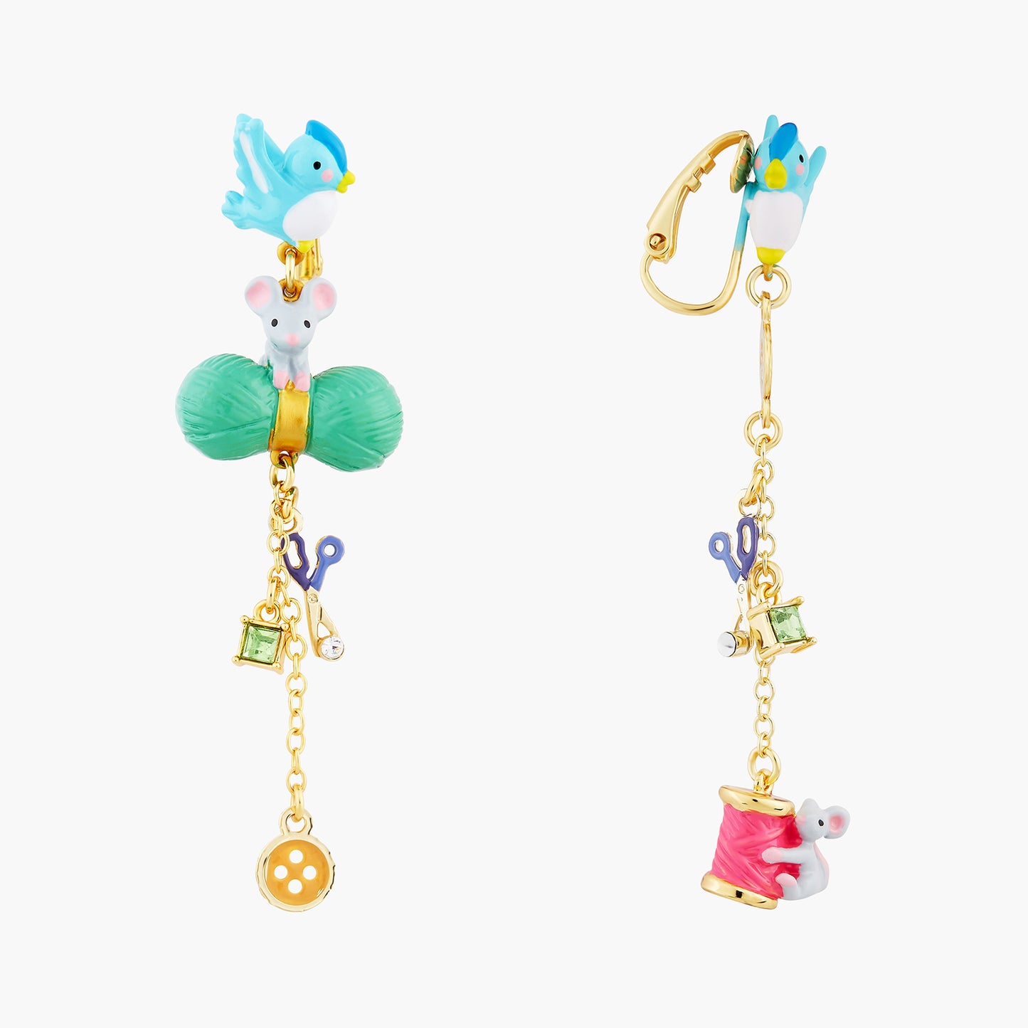 Bird, Mouse, Wool, Scissors, Button, Spool Of Thread And Faceted Crystal Earrings